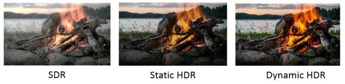 На приведенных ниже сценах показано, как администратор лицензирования HDMI сравнивает стандартный динамический диапазон (слева), высокий динамический диапазон со статическими метаданными (HDR10, посередине) и высокий динамический диапазон с динамическими метаданными (Dolby Vision и HDR10 +, справа)